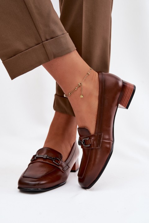 Leather Women's Block Heel Shoes With Decoration Vinceza 39978 Brown