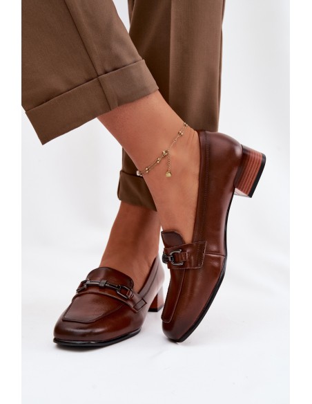 Leather Women's Block Heel Shoes With Decoration Vinceza 39978 Brown