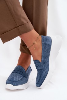 Women's Suede Loafers on Platform Vinceza 79626 Navy