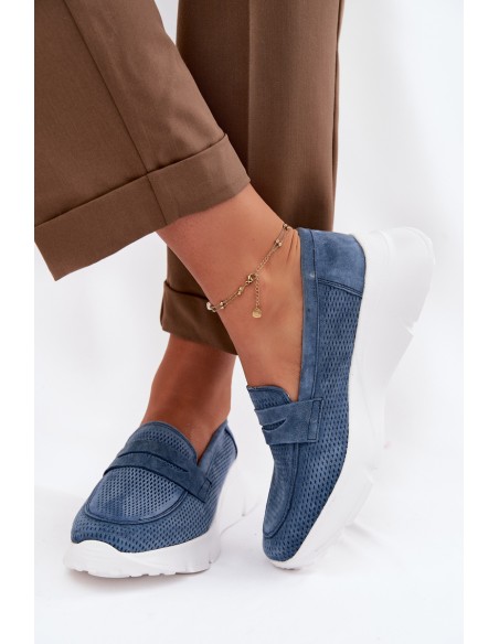 Women's Suede Loafers on Platform Vinceza 79626 Navy