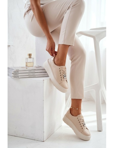 Leather Women's Sneakers With Platform Vinceza 39973 Beige
