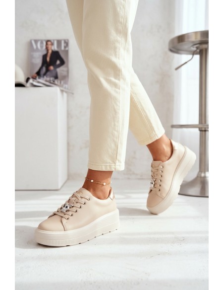 Leather Women's Sneakers With Platform Vinceza 39973 Beige