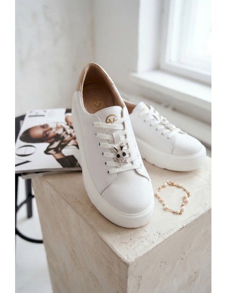 Leather Women's Sneakers Platform With Buckle Vinceza 39973 White