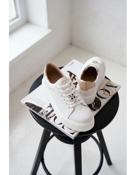 Leather Women's Sneakers Platform With Buckle Vinceza 39973 White