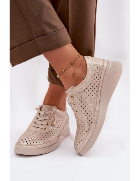 Leather Openwork Women's Loafers Vinceza 79603 Gold