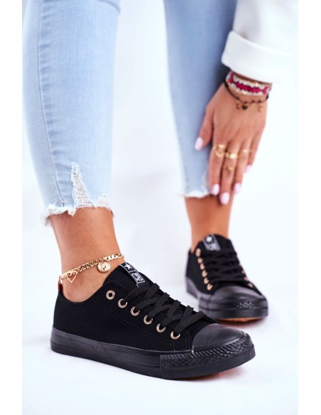 Women's Classic Sneakers Black with Gold Eyelets Ecoma