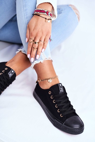 Women's Classic Sneakers Black with Gold Eyelets Ecoma 2