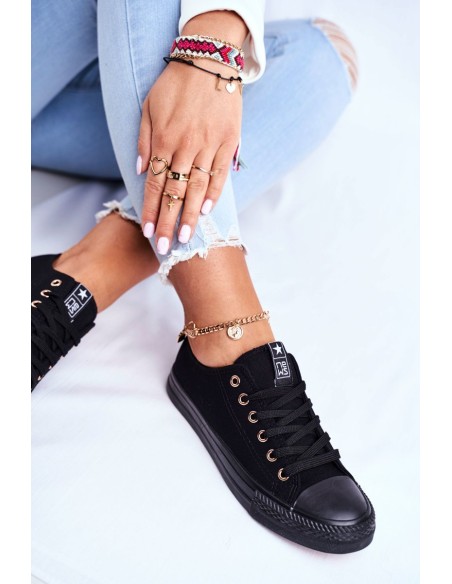 Women's Classic Sneakers Black with Gold Eyelets Ecoma