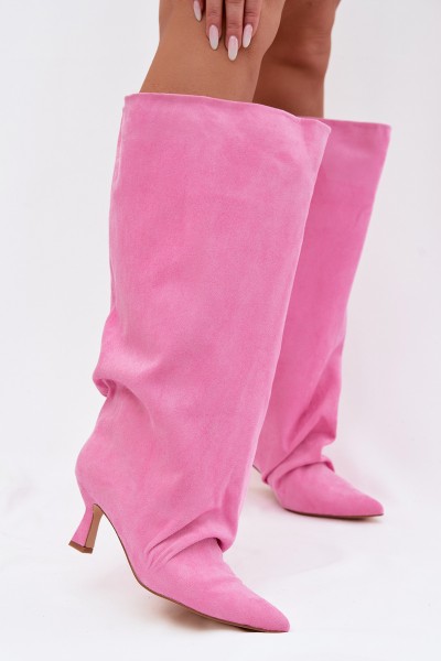 Women's Wide Shaft Boots with Ruching on Heel Pink Harela 2