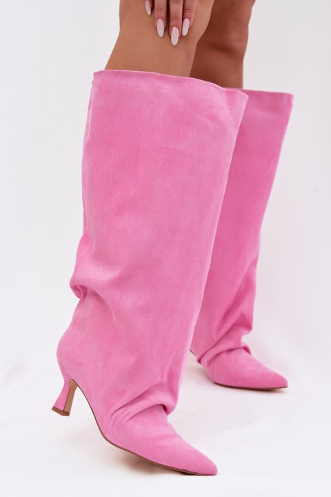Women's Wide Shaft Boots with Ruching on Heel Pink Harela