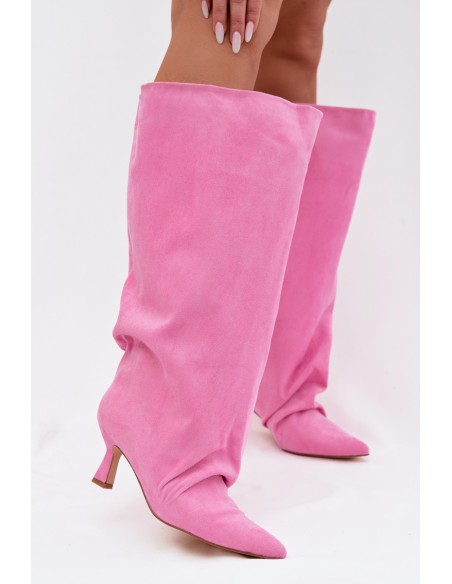 Women's Wide Shaft Boots with Ruching on Heel Pink Harela