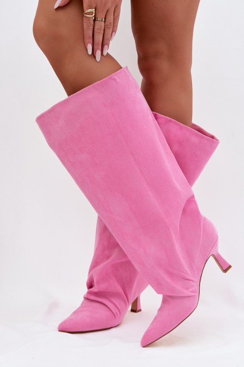 Women's Wide Shaft Boots with Ruching on Heel Pink Harela