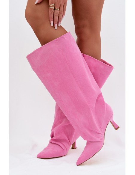 Women's Wide Shaft Boots with Ruching on Heel Pink Harela