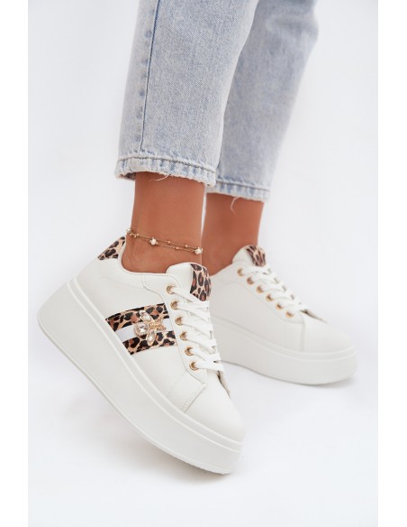 Sneakersy Damskie Na Platformie Z Przypinką Białe Panterka Palvessa