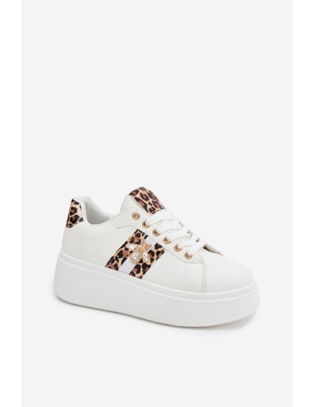 Sneakersy Damskie Na Platformie Z Przypinką Białe Panterka Palvessa