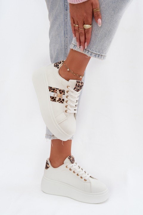 Sneakersy Damskie Na Platformie Z Przypinką Białe Panterka Palvessa