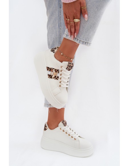 Sneakersy Damskie Na Platformie Z Przypinką Białe Panterka Palvessa
