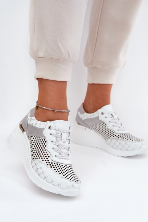 Leather Perforated Sports Shoes Sneakers On Wedge White S.Barski LR51-641