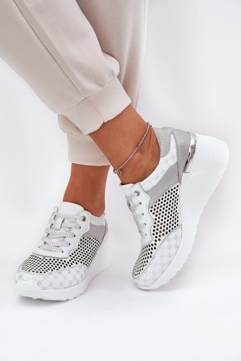 Leather Perforated Sports Shoes Sneakers On Wedge White S.Barski LR51-641