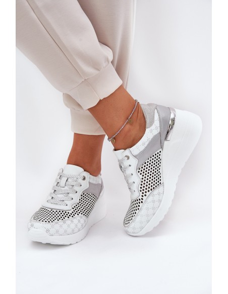 Leather Perforated Sports Shoes Sneakers On Wedge White S.Barski LR51-641