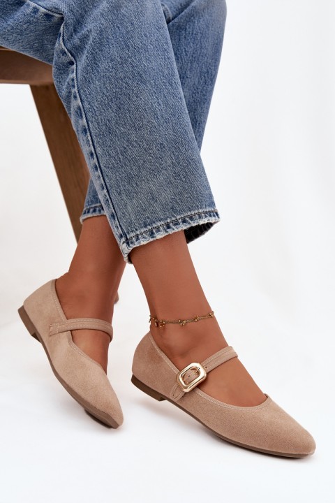 Ballet flats with strap and gold buckle Eco suede Beige Adelora