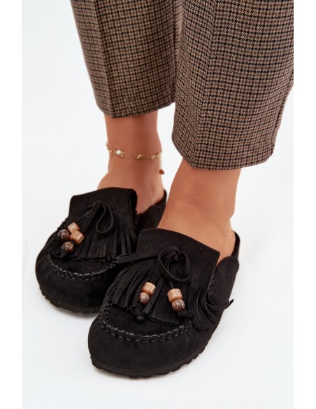 Women's Mules with Fringes and Beads Black Belissa
