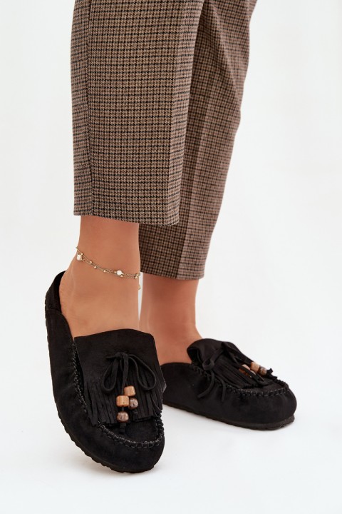 Women's Mules with Fringes and Beads Black Belissa