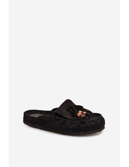 Women's Mules with Fringes and Beads Black Belissa