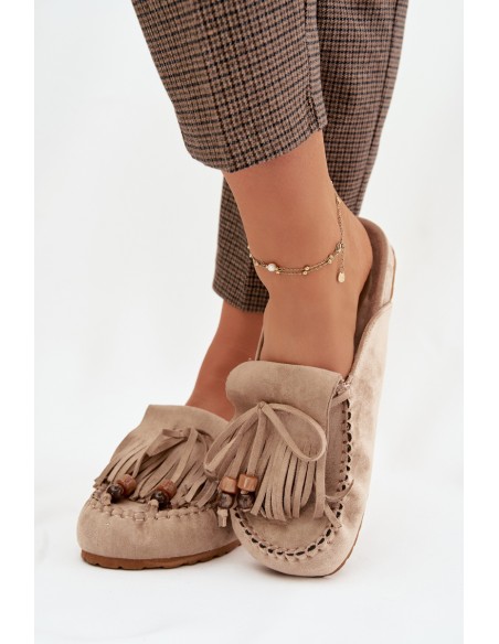 Klapki Damskie Mule Z Frędzlami I Koralikami Beżowe Belissa