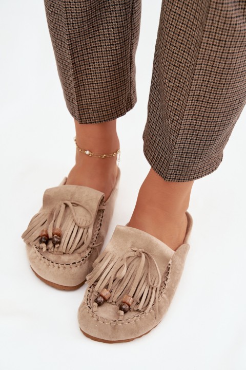 Klapki Damskie Mule Z Frędzlami I Koralikami Beżowe Belissa