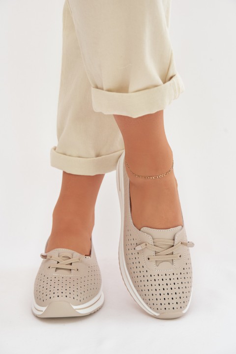 Leather Openwork Women's Loafers LR61-7044 Beige