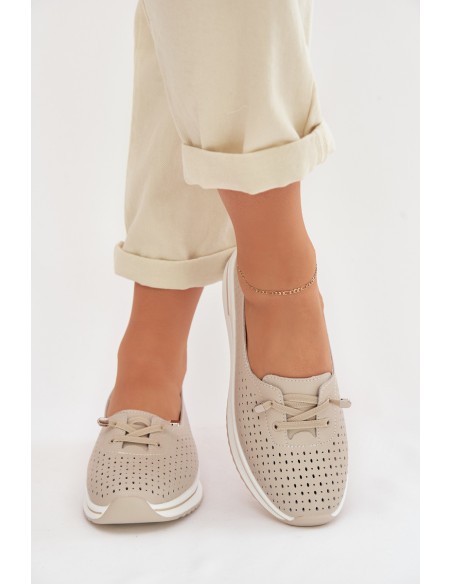 Leather Openwork Women's Loafers LR61-7044 Beige