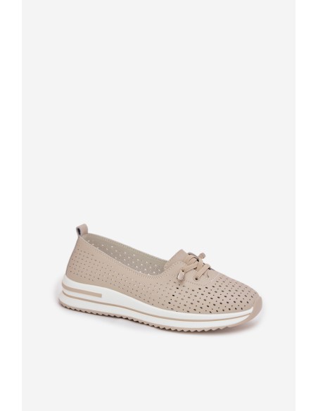 Leather Openwork Women's Loafers LR61-7044 Beige