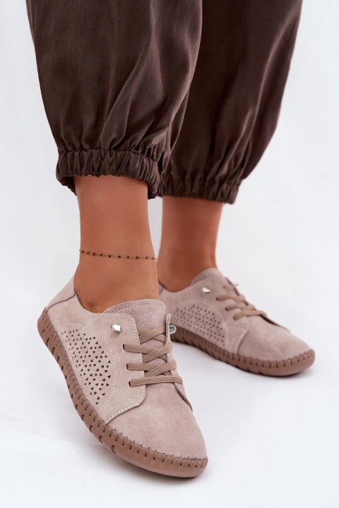 Breathable Women's Loafers Made of Genuine Suede Beige Feliva