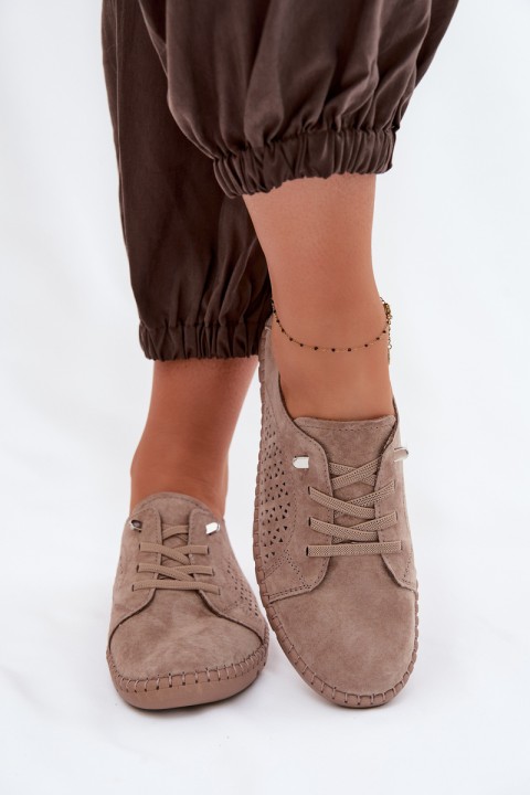 Women's Perforated Shoes Made of Natural Suede Light Brown Feliva