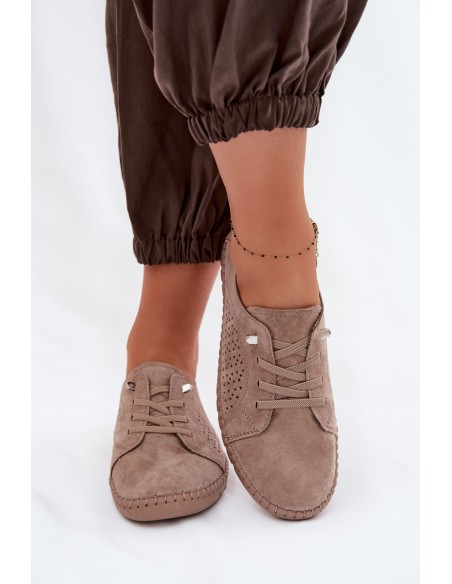 Women's Perforated Shoes Made of Natural Suede Light Brown Feliva