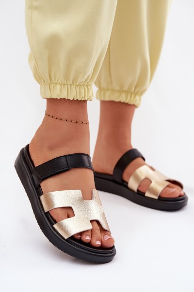 Leather Women's Slides With Velcro Gold Lemela
