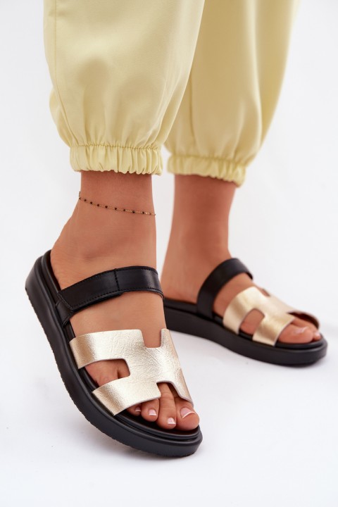 Leather Women's Slides With Velcro Gold Lemela