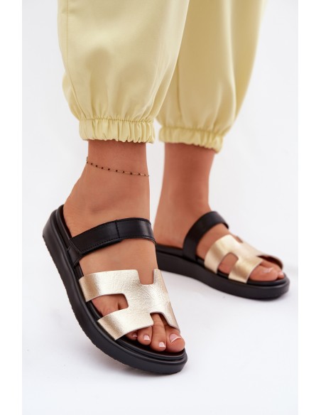 Leather Women's Slides With Velcro Gold Lemela