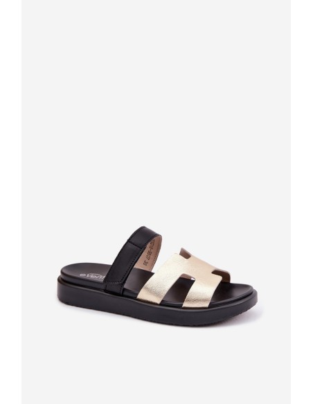 Leather Women's Slides With Velcro Gold Lemela