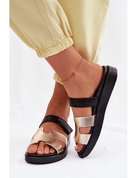 Leather Women's Slides With Velcro Gold Lemela