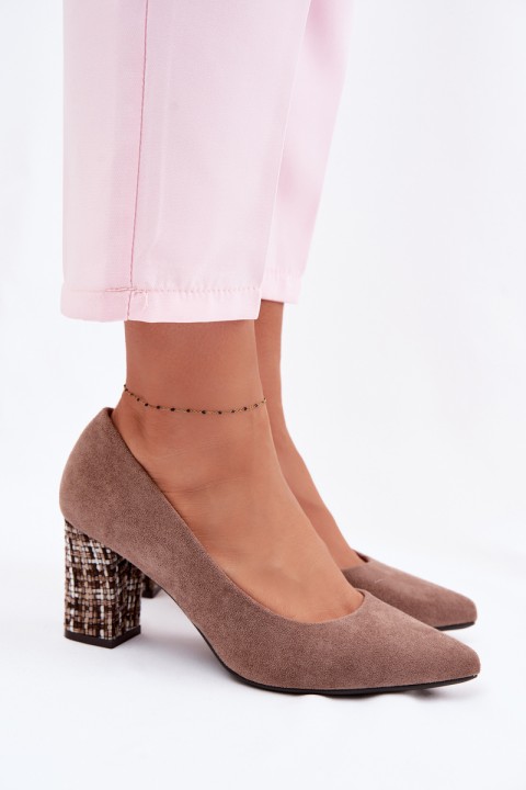 Sergio Leone PB414 Light Brown Eco Suede Heeled Shoes with Decorative Block