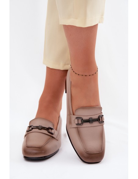 Leather Women's Block Heels Shoes With Decoration Vinceza 39978 Beige