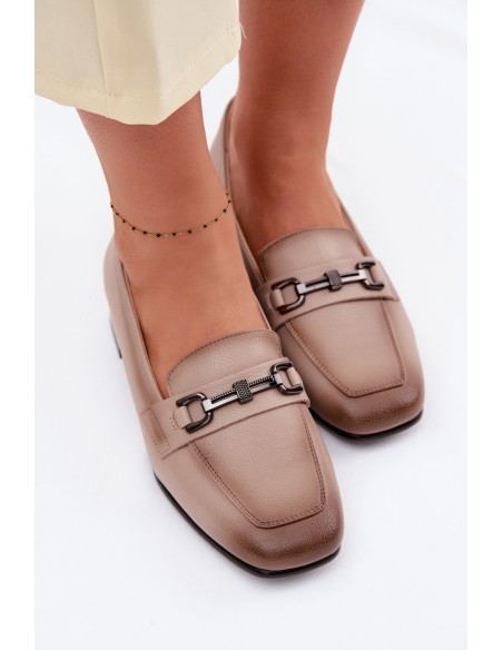 Leather Women's Block Heels Shoes With Decoration Vinceza 39978 Beige