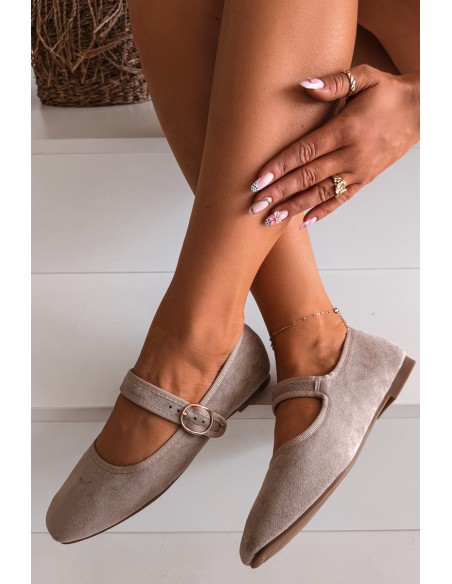 Beige Kelisa Ballet Flats With Strap And Gold Buckle