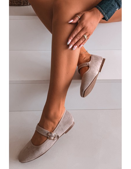 Beige Kelisa Ballet Flats With Strap And Gold Buckle