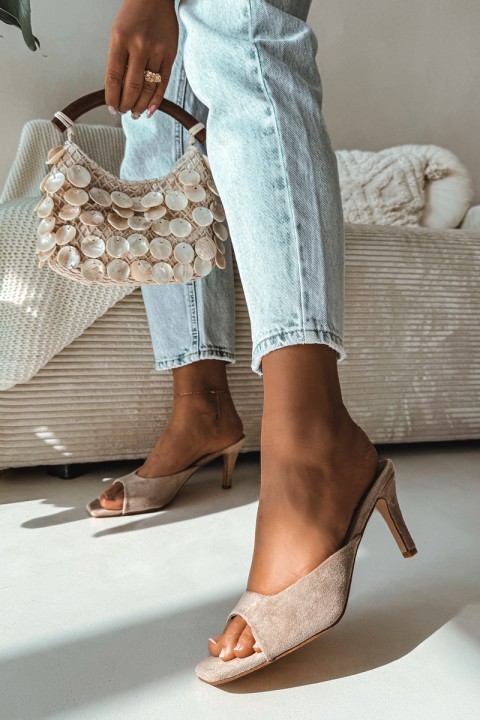 Women's Beige Slim Heeled Sandals Revina