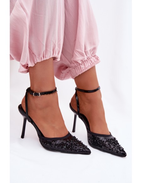 Women's High Heel Sandals Decorated With Sequins And Beads Black Nedira