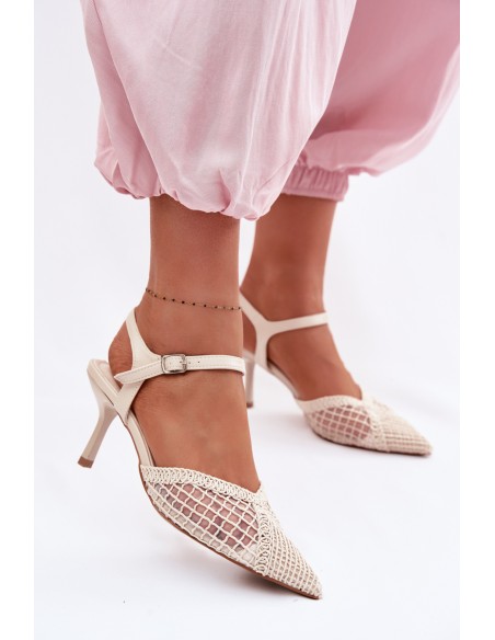 Idira Light Beige Mesh Sandals With Heel Woven