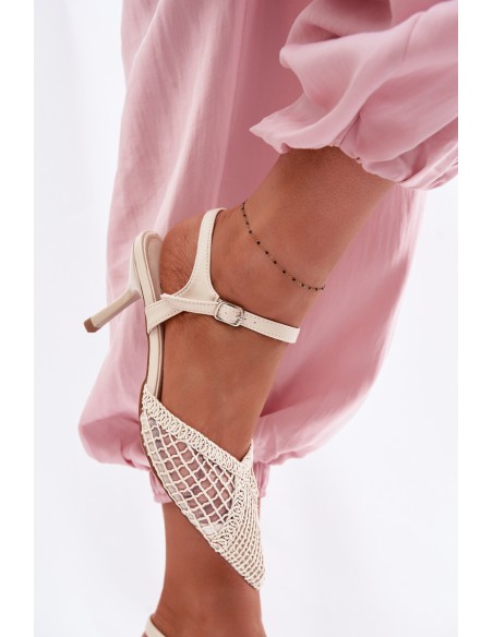 Idira Light Beige Mesh Sandals With Heel Woven